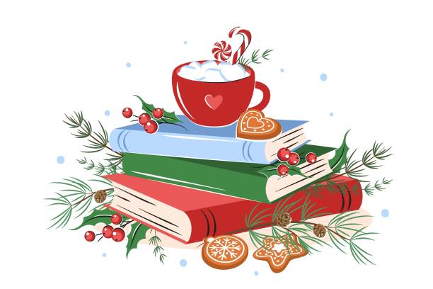 Books, cup coffee or cocoa with winter leaves and cookies on white background. Vector illustration for a New Year and Christmas background